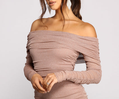 Shimmer Nights Off the Shoulder Glitter Mini Dress