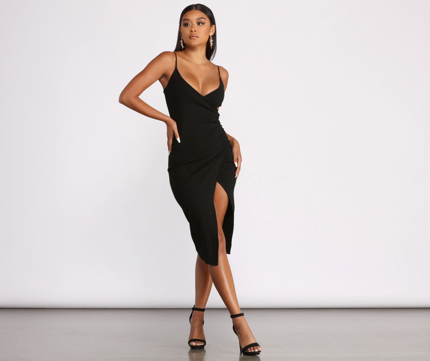 Sleeveless V Neck Asymmetrical Wrap Ribbed Midi Dress Ins Street