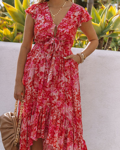 Belladonna High Low Pocketed Tie Maxi Dress - Raspberry - FINAL SALE