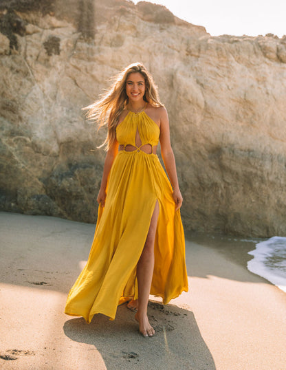 Cailey Cutout Halter Maxi Dress - Moss Yellow