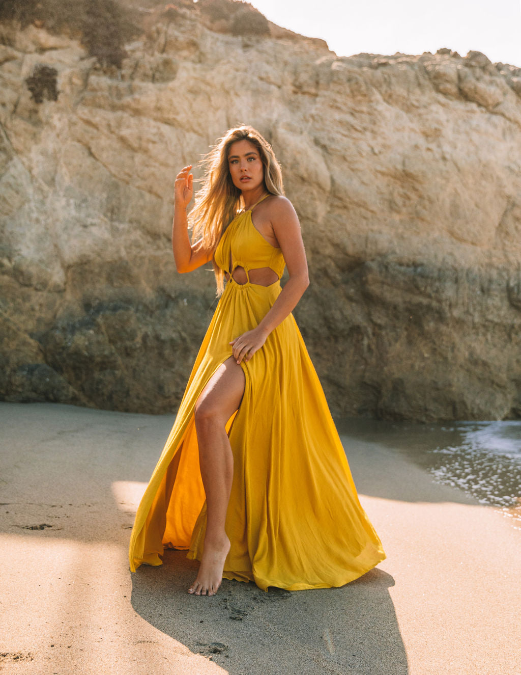 Cailey Cutout Halter Maxi Dress - Moss Yellow