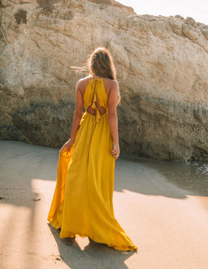 Cailey Cutout Halter Maxi Dress - Moss Yellow