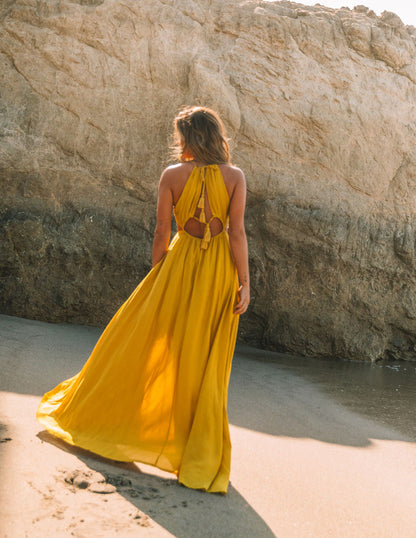 Cailey Cutout Halter Maxi Dress - Moss Yellow