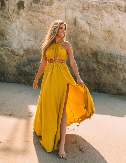 Cailey Cutout Halter Maxi Dress - Moss Yellow