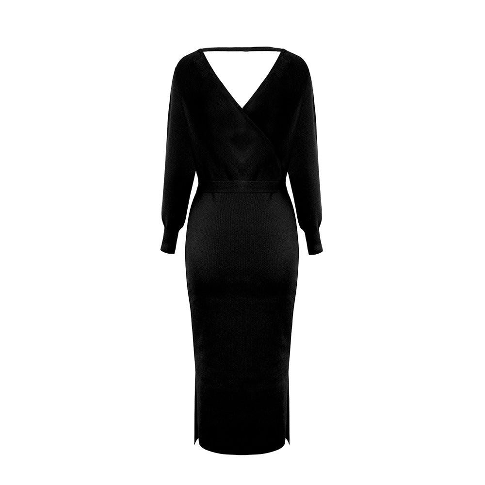 Yara Drape Knit Midi Sweater Dress - Black