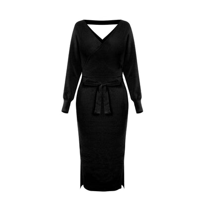 Yara Drape Knit Midi Sweater Dress - Black