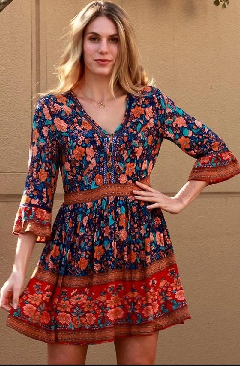 Deshon Printed Button Down Tassel Dress - Orange