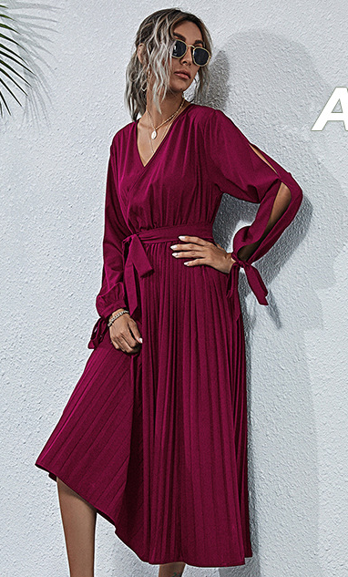 Josefa Satin Pleated Midi Dress - Wine - FINAL SALE