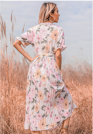 PREORDER - Quiet Escape Floral Pleated Midi Dress - Ivory