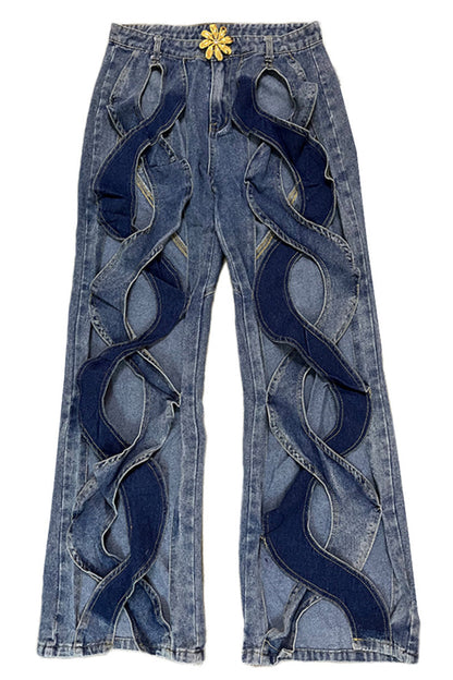 KittenAlarm - Street Solid Hollowed Out High Waist Straight Denim Jeans