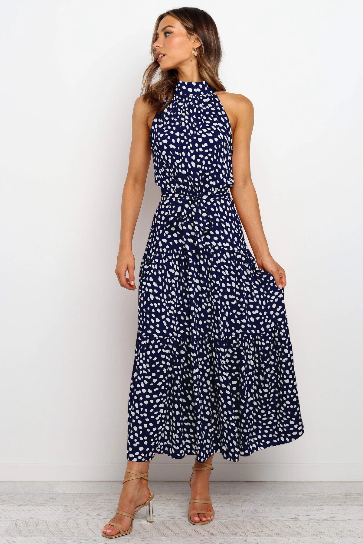 Local Flare Polka Dot Tie Midi Dress