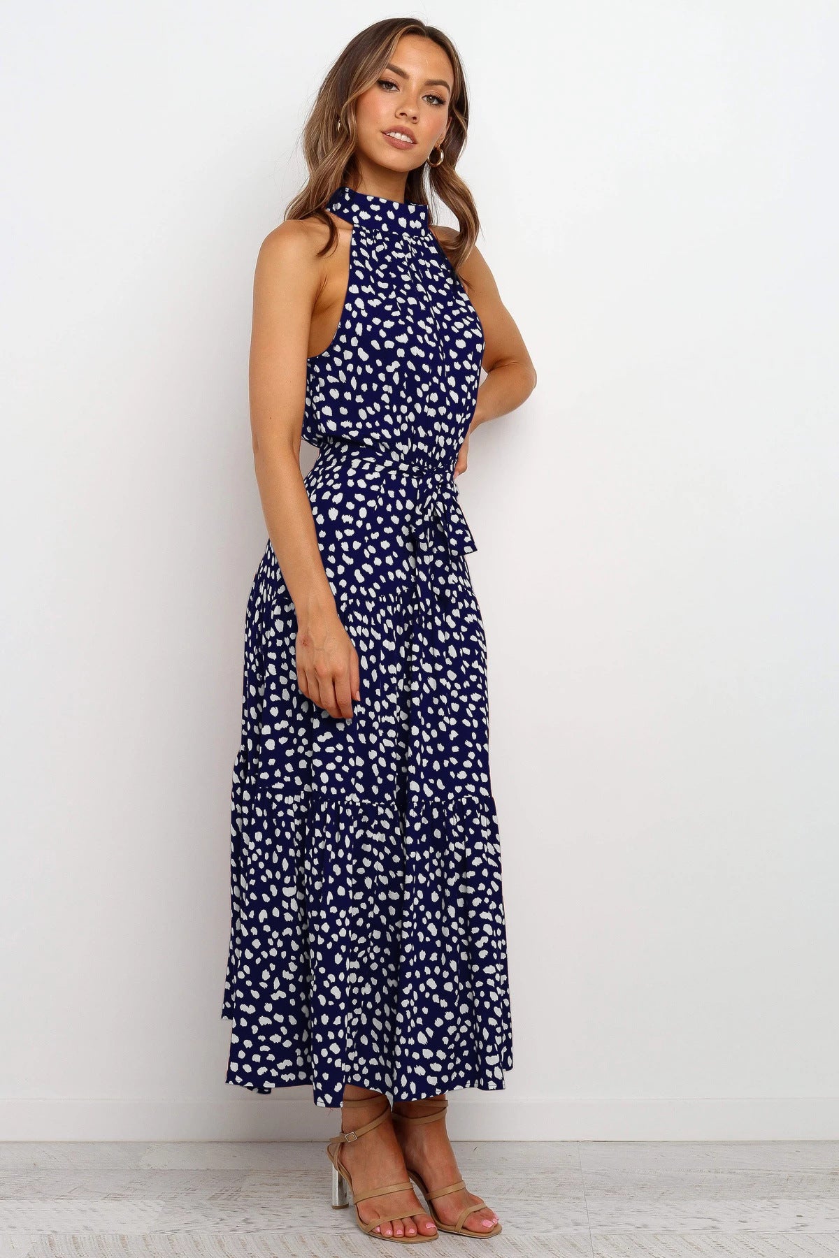 Local Flare Polka Dot Tie Midi Dress