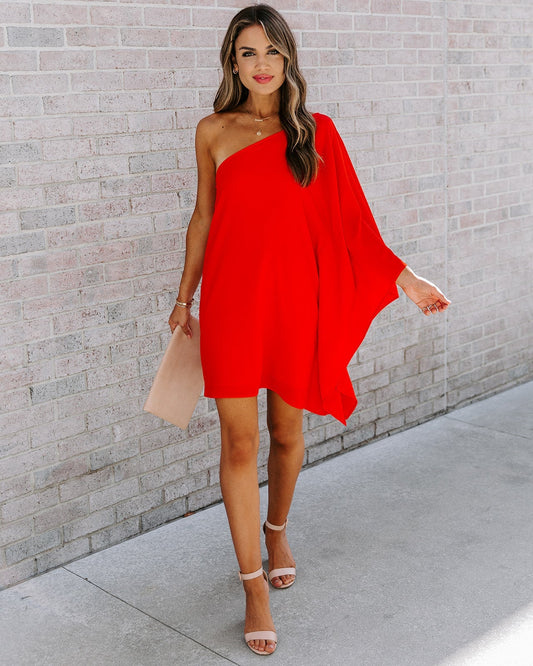 Side To Side One Shoulder Statement Dress - Tomato Red