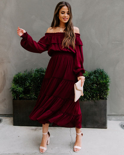 Alicia Off The Shoulder Tiered Midi Dress - Burgundy