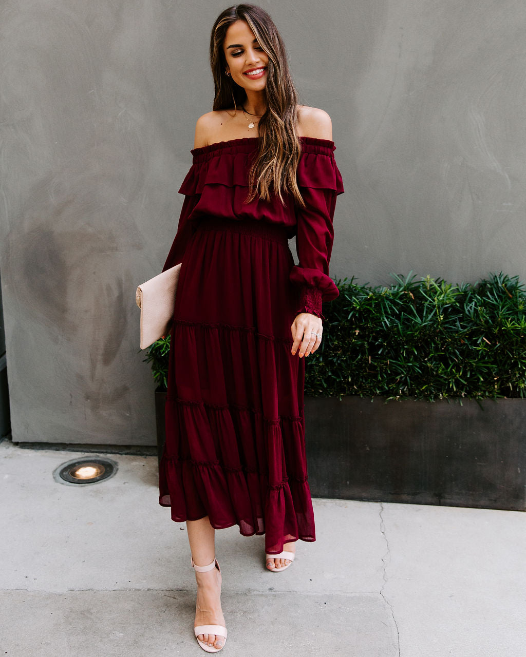 Alicia Off The Shoulder Tiered Midi Dress - Burgundy