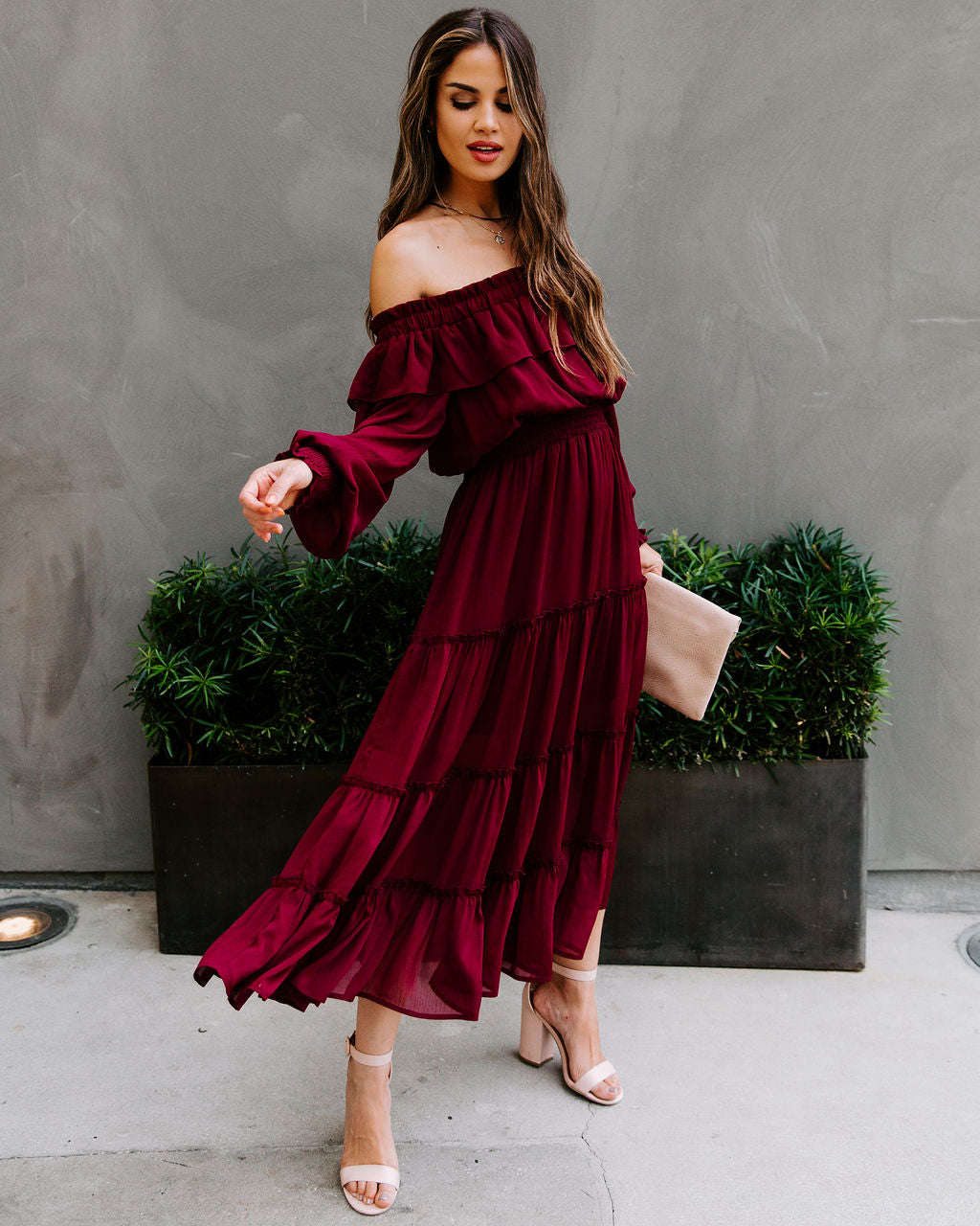 Alicia Off The Shoulder Tiered Midi Dress - Burgundy