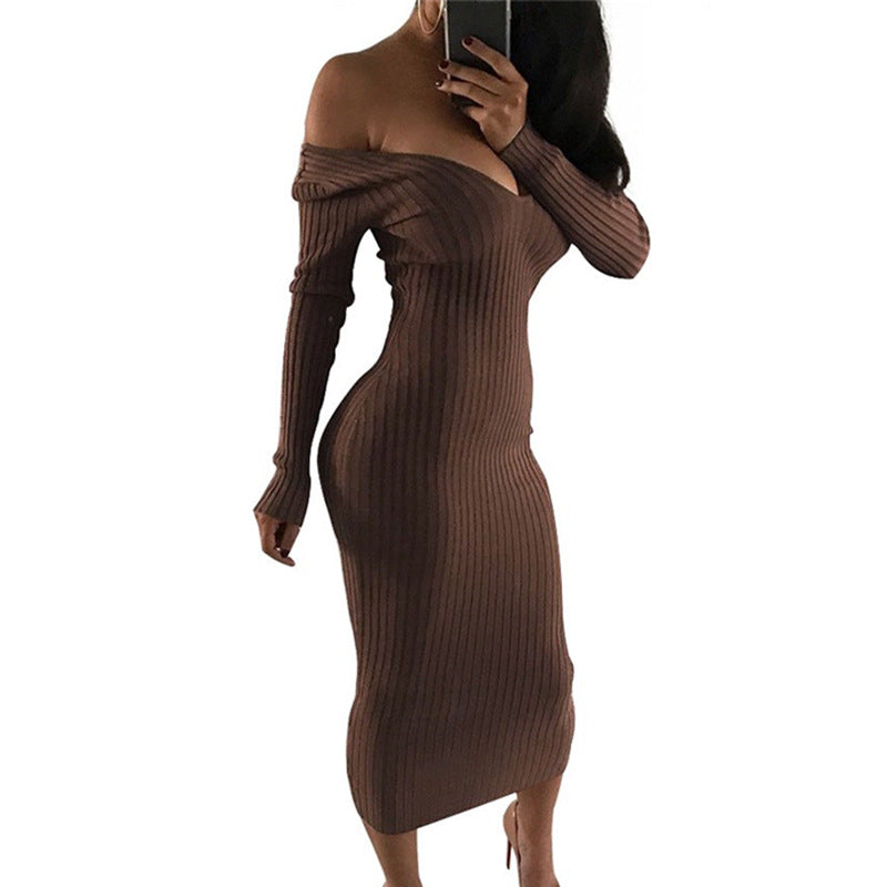 Rissa Off The Shoulder Ribbed Knit Dress - Chocolate