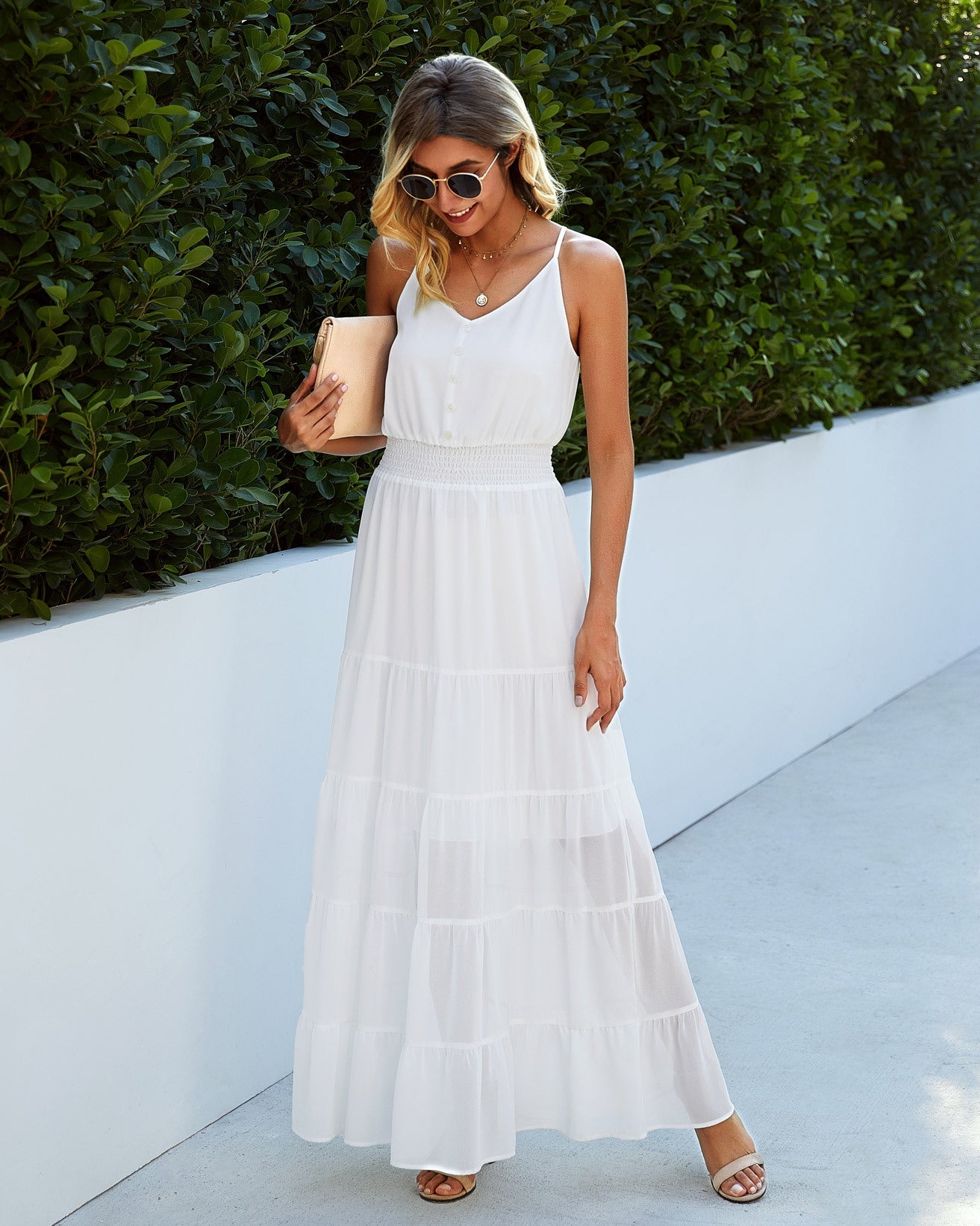 Sunshower Cotton Tiered Maxi Dress - Optic White