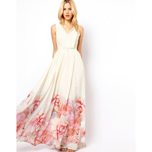 Bohemian Sleeveless Deep V Neck Flower Print Long Dress