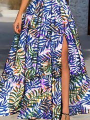Leaf Print Deep V Neck Slit Sling Dress