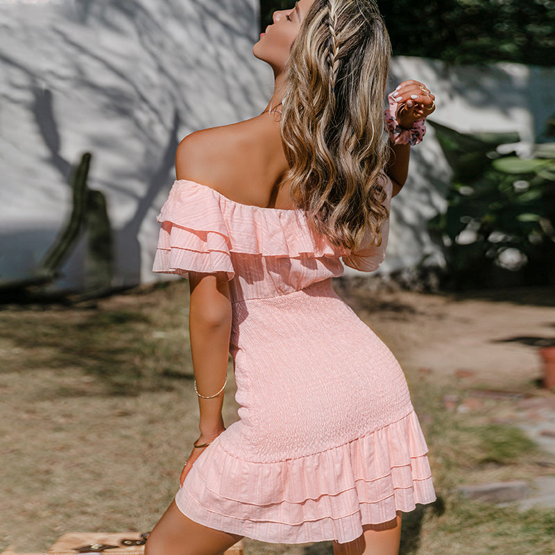 Blaise Satin Smocked Off The Shoulder Dress - Blush - FINAL SALE