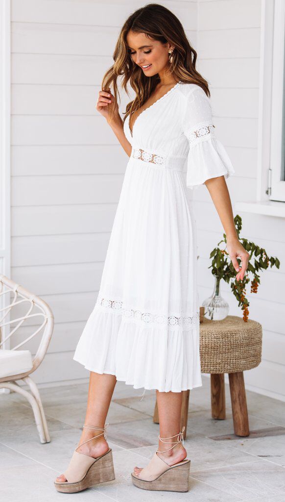 Jaylan Tiered Crochet Lace Midi Dress - Off White - FINAL SALE