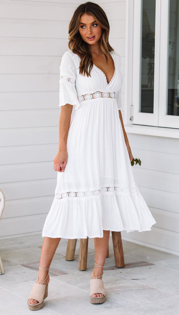 Jaylan Tiered Crochet Lace Midi Dress - Off White - FINAL SALE