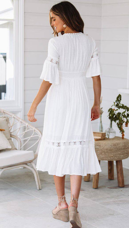 Jaylan Tiered Crochet Lace Midi Dress - Off White - FINAL SALE