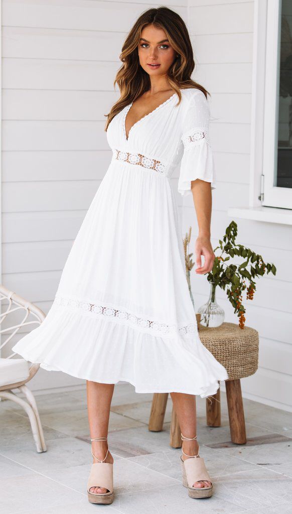 Jaylan Tiered Crochet Lace Midi Dress - Off White - FINAL SALE