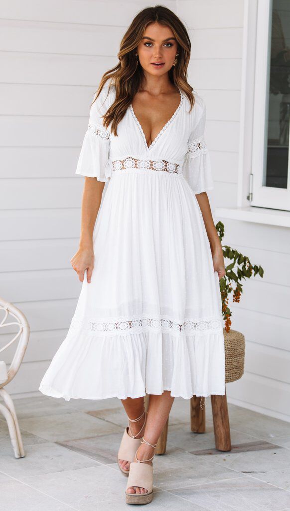 Jaylan Tiered Crochet Lace Midi Dress - Off White - FINAL SALE