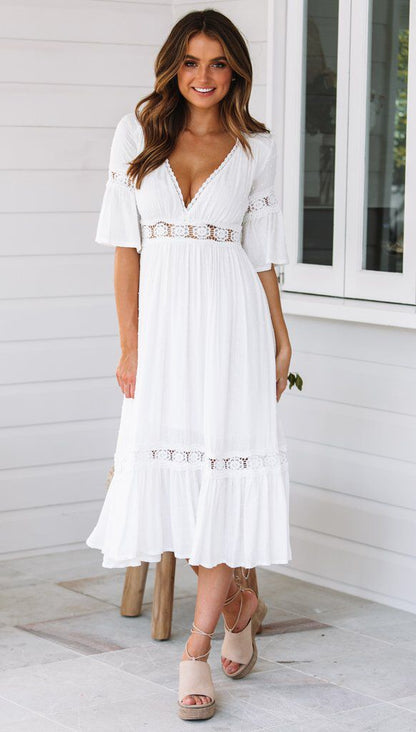 Jaylan Tiered Crochet Lace Midi Dress - Off White - FINAL SALE