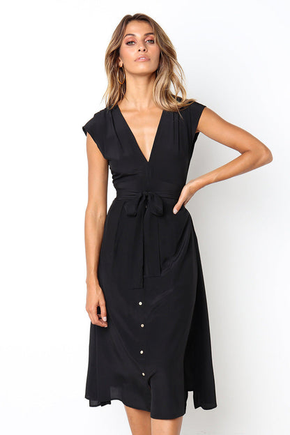 Betsy Button Down Midi Dress - Black - FINAL SALE