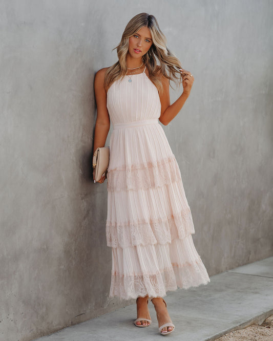 KittenAlarm - Affection Pleated Tiered Lace Maxi Dress - Blush