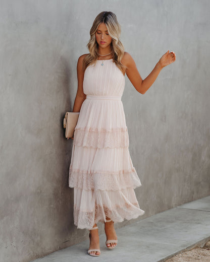 KittenAlarm - Affection Pleated Tiered Lace Maxi Dress - Blush