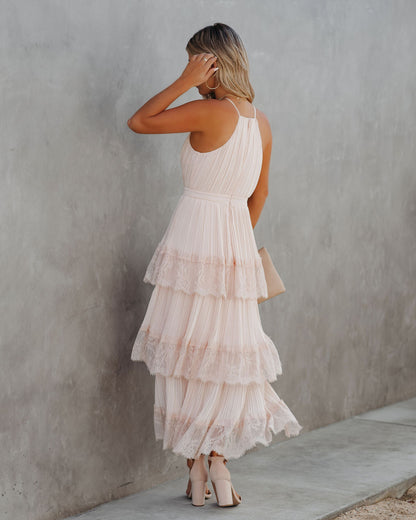 KittenAlarm - Affection Pleated Tiered Lace Maxi Dress - Blush