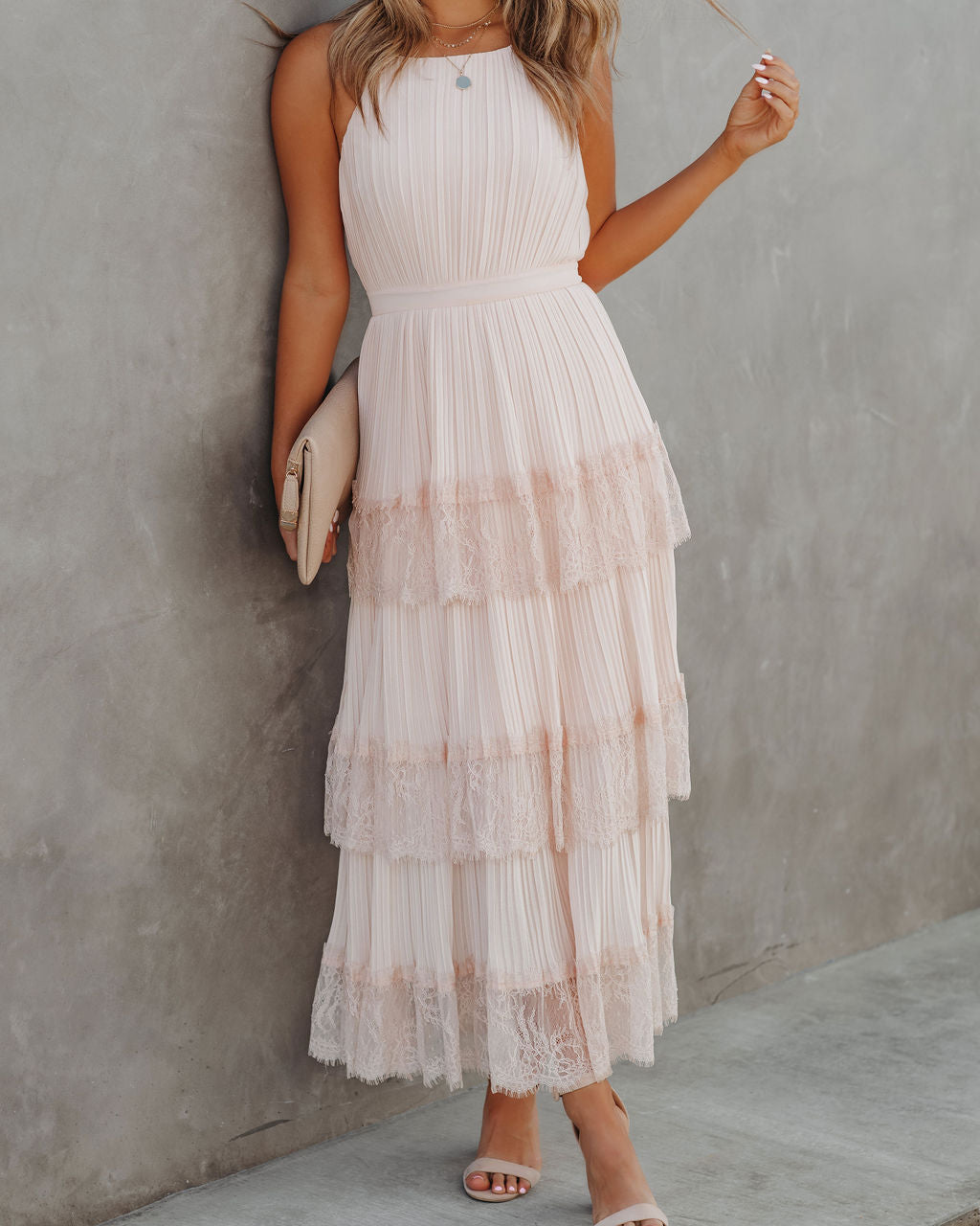 KittenAlarm - Affection Pleated Tiered Lace Maxi Dress - Blush