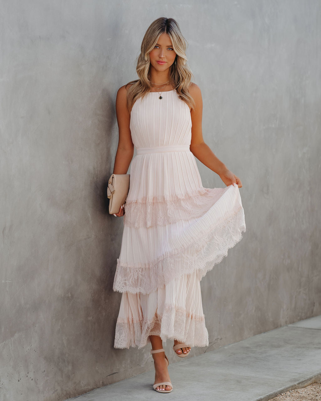 KittenAlarm - Affection Pleated Tiered Lace Maxi Dress - Blush