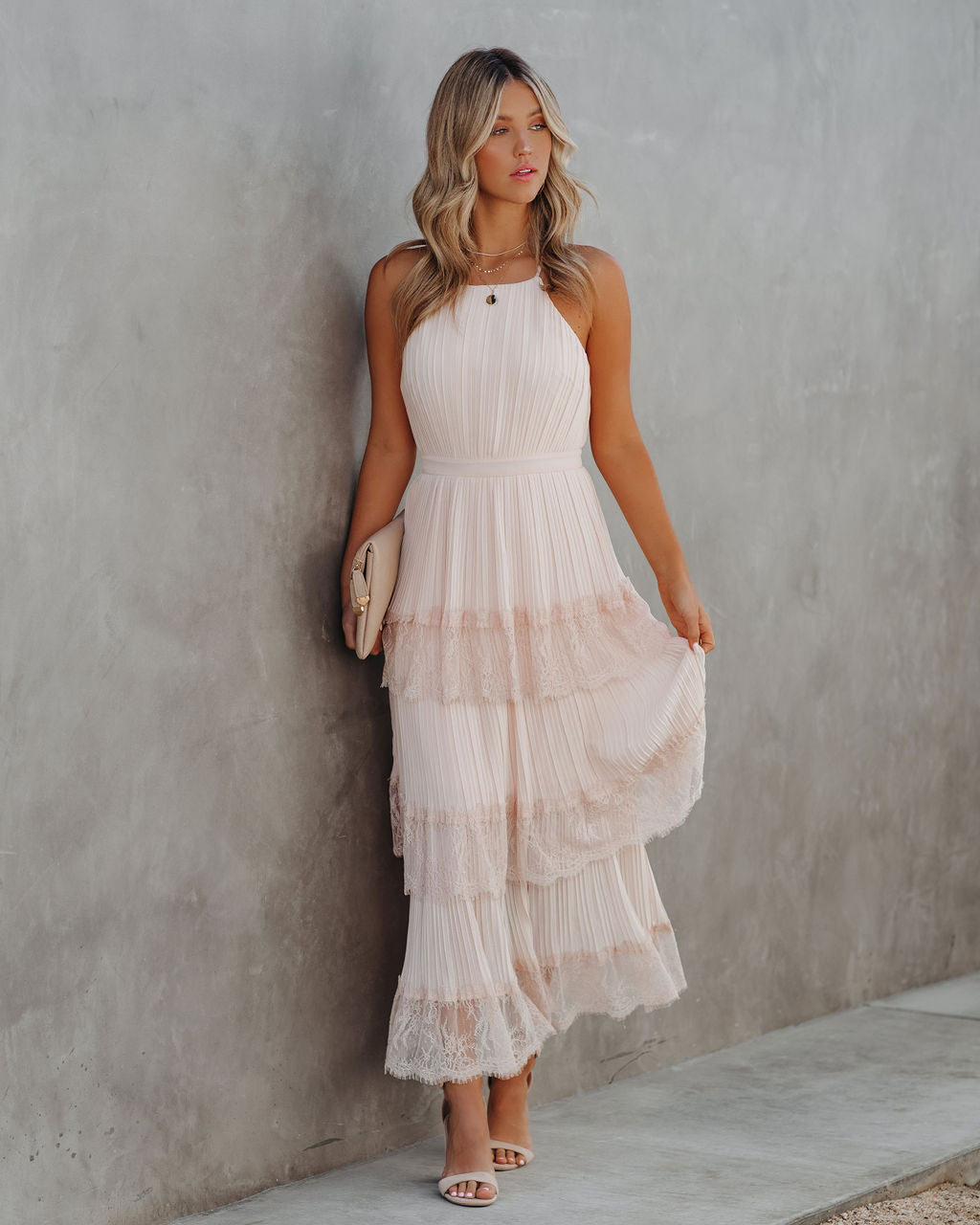 KittenAlarm - Affection Pleated Tiered Lace Maxi Dress - Blush