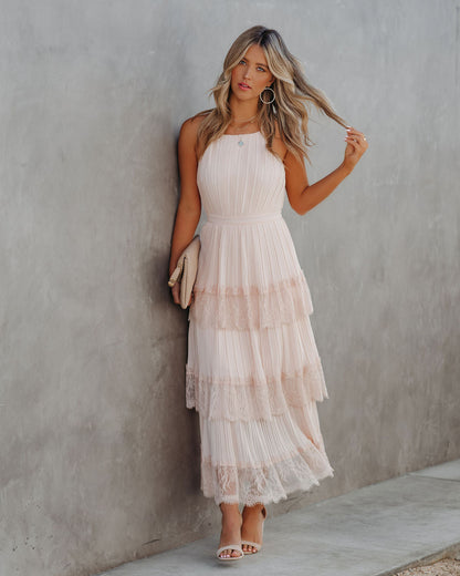 KittenAlarm - Affection Pleated Tiered Lace Maxi Dress - Blush