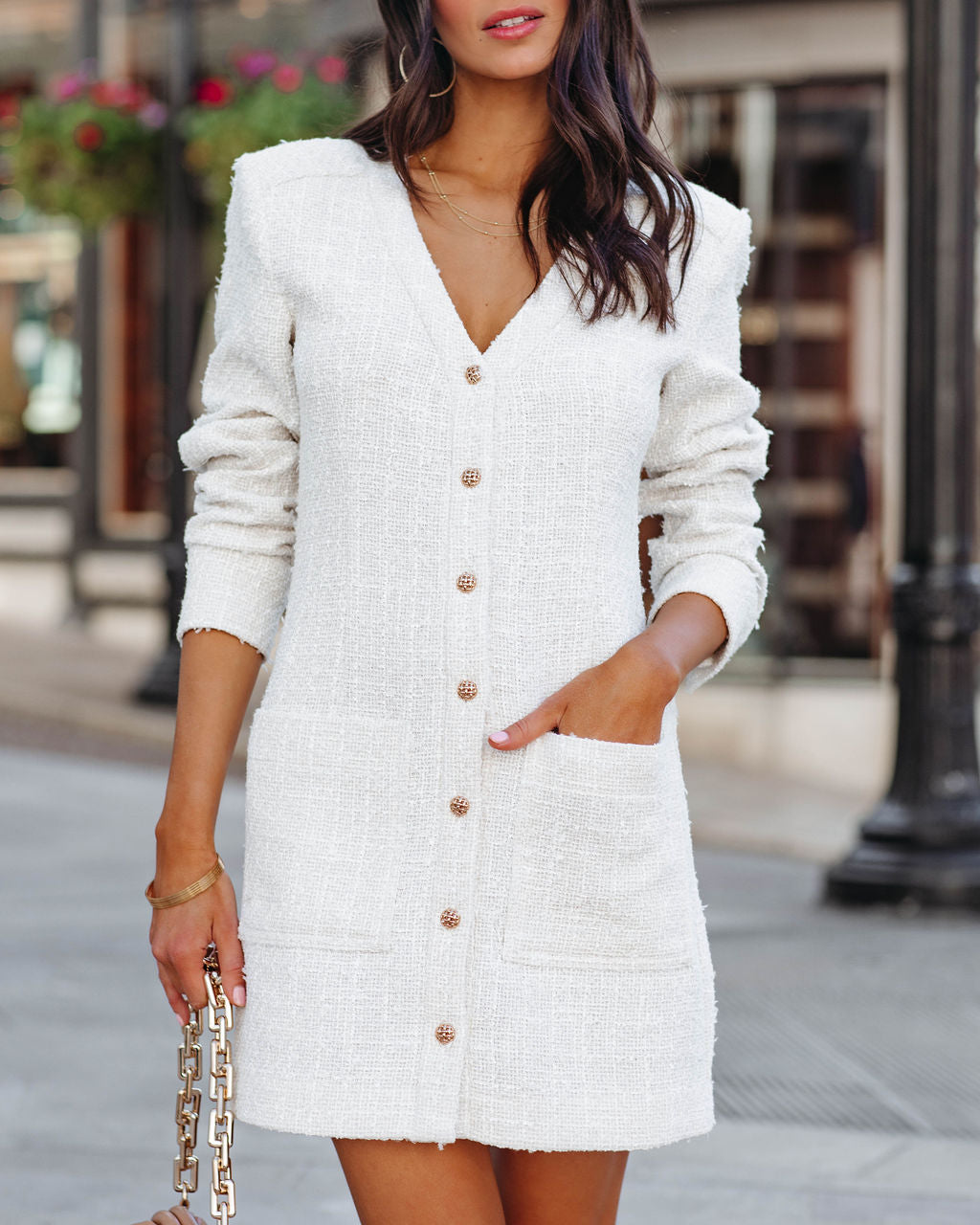 Alexandria Pocketed Button Down Tweed Dress - Ivory