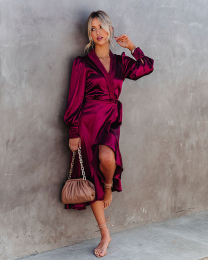 KittenAlarm - Anniversary Satin Wrap Midi Dress - Merlot - FINAL SALE