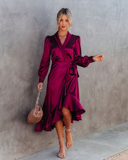 KittenAlarm - Anniversary Satin Wrap Midi Dress - Merlot - FINAL SALE