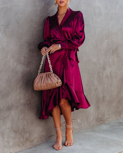 KittenAlarm - Anniversary Satin Wrap Midi Dress - Merlot - FINAL SALE