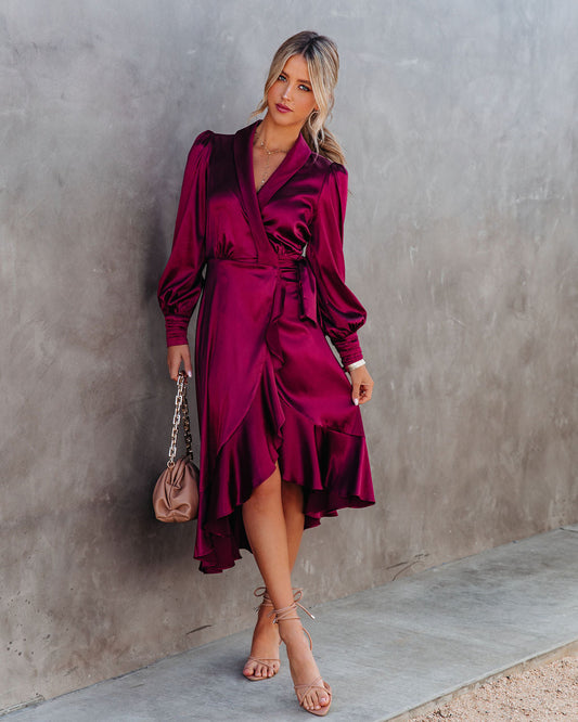 KittenAlarm - Anniversary Satin Wrap Midi Dress - Merlot - FINAL SALE