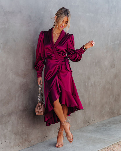 KittenAlarm - Anniversary Satin Wrap Midi Dress - Merlot - FINAL SALE