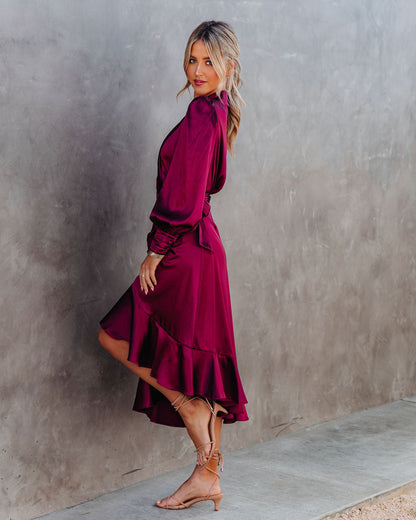 KittenAlarm - Anniversary Satin Wrap Midi Dress - Merlot - FINAL SALE