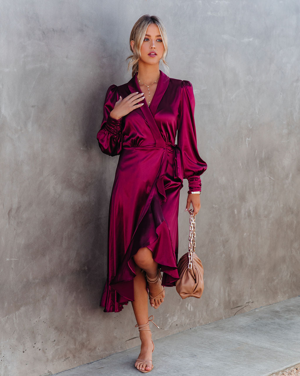 KittenAlarm - Anniversary Satin Wrap Midi Dress - Merlot - FINAL SALE