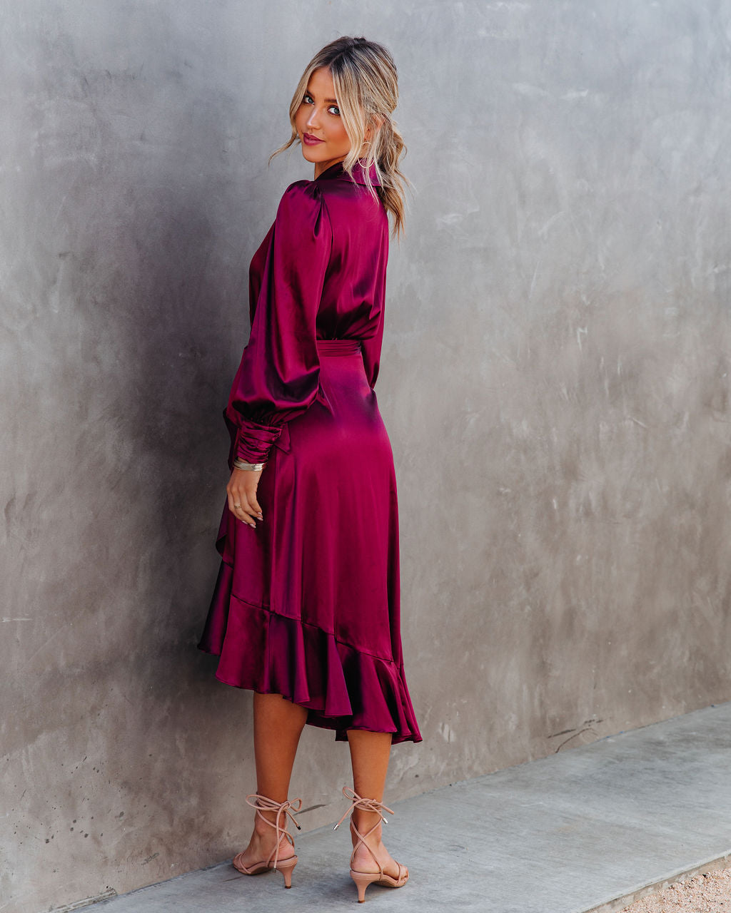 KittenAlarm - Anniversary Satin Wrap Midi Dress - Merlot - FINAL SALE