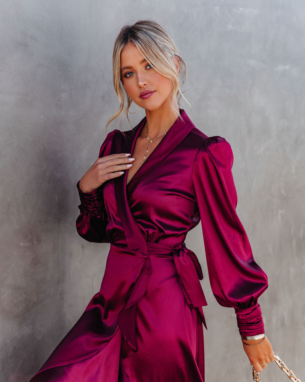 KittenAlarm - Anniversary Satin Wrap Midi Dress - Merlot - FINAL SALE