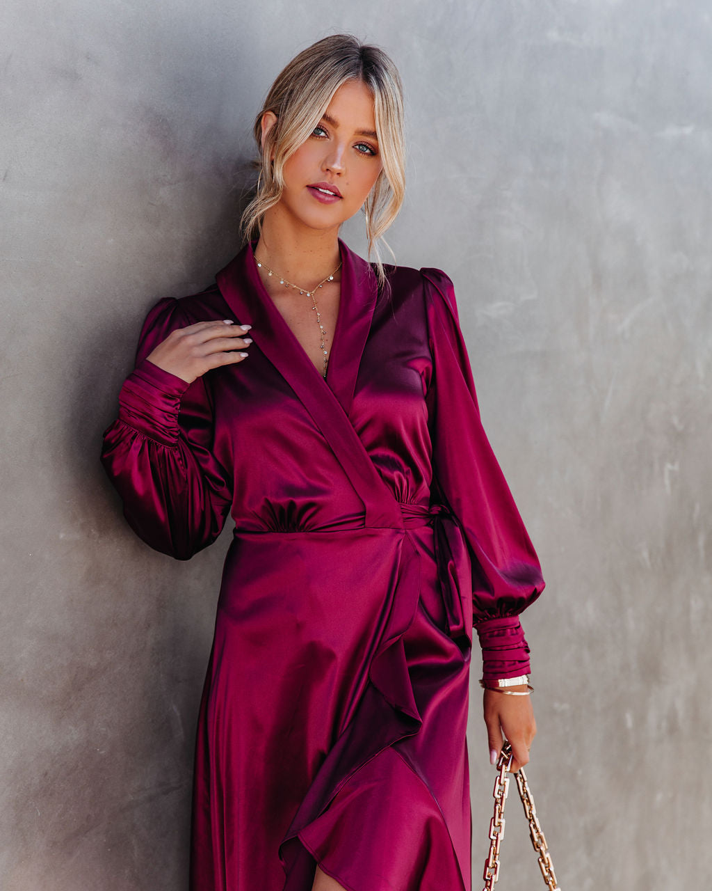 KittenAlarm - Anniversary Satin Wrap Midi Dress - Merlot - FINAL SALE